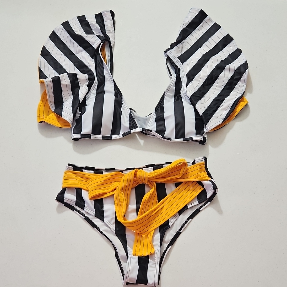Striped Black and White Bikini with Yellow Accents